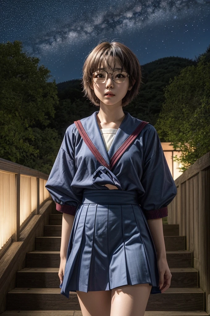 (masterpiece), (ultra-high detail), (best quality), Yuki with a serene expression, wearing a meticulously detailed blue skirt and glasses, dressed in a precisely designed serafuku summer uniform with intricate kneehighs. She stands gracefully on ancient temple stairs, surrounded by a lush, dense mountain forest at night. The Milky Way and countless stars illuminate the sky, casting a magical and ethereal glow over the entire scene. Yuki gazes directly at the viewer with a sense of wonder, as the serene ambiance encapsulates the beauty of the moment.