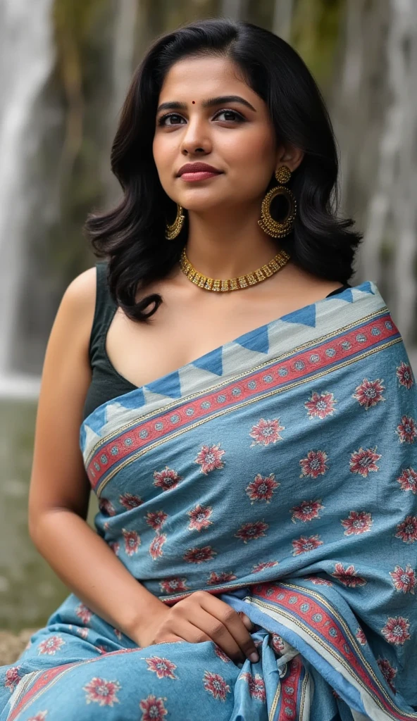 Close up full-body photo of sexy NehaS , curvy, hourglass figure,  swooping breasts,  deep cleavage, deep neck blouse, blue floral saree, navel, belly button, in a waterfall, seductive pose, erotic pose,  cheering for her, wavy hair, necklace,  red lips, nosering on one side of nose, jhumka, bright light photoshoot model,  