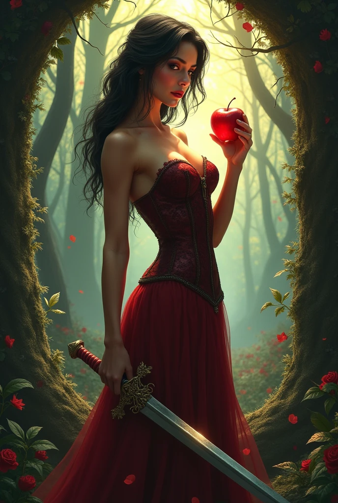 Snowwhite in the middle of images , In sexy dress but in the same character color, Tighten Body shape, Big Breasts showing seducing dwarfs, right hand holding magic glowing apple, left hands holding prince-florien-sword, location at entrance of unknown fantasy forest , light and animals at entrance , Darkness and unknow creature at far end . Perspective view ,