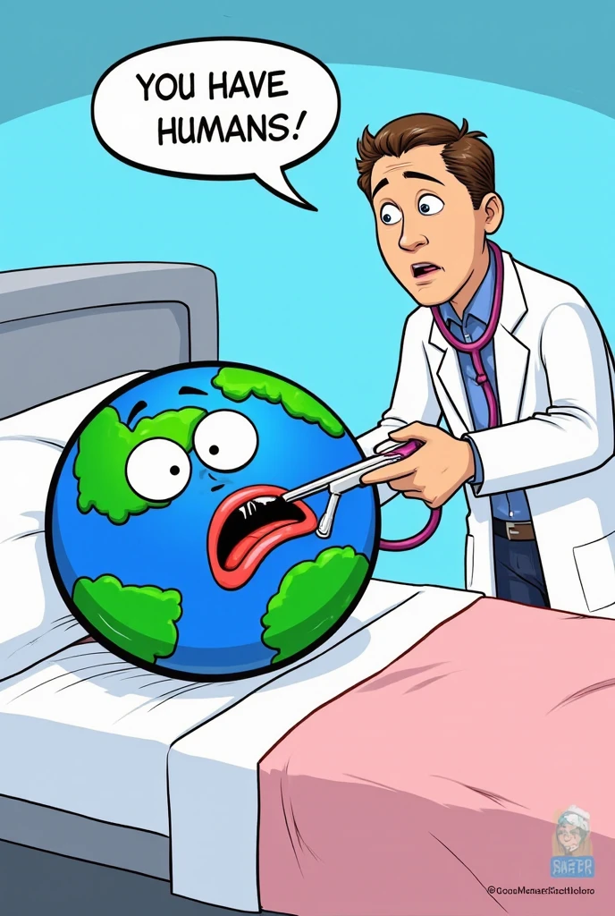 image of planet Earth with sick eyes and mouth and a thermometer in the mouth on a hospital bed, There is a doctor measuring his heart with a stethoscope ,  there is a comic book balloon above the doctor written in a  "You have humans."