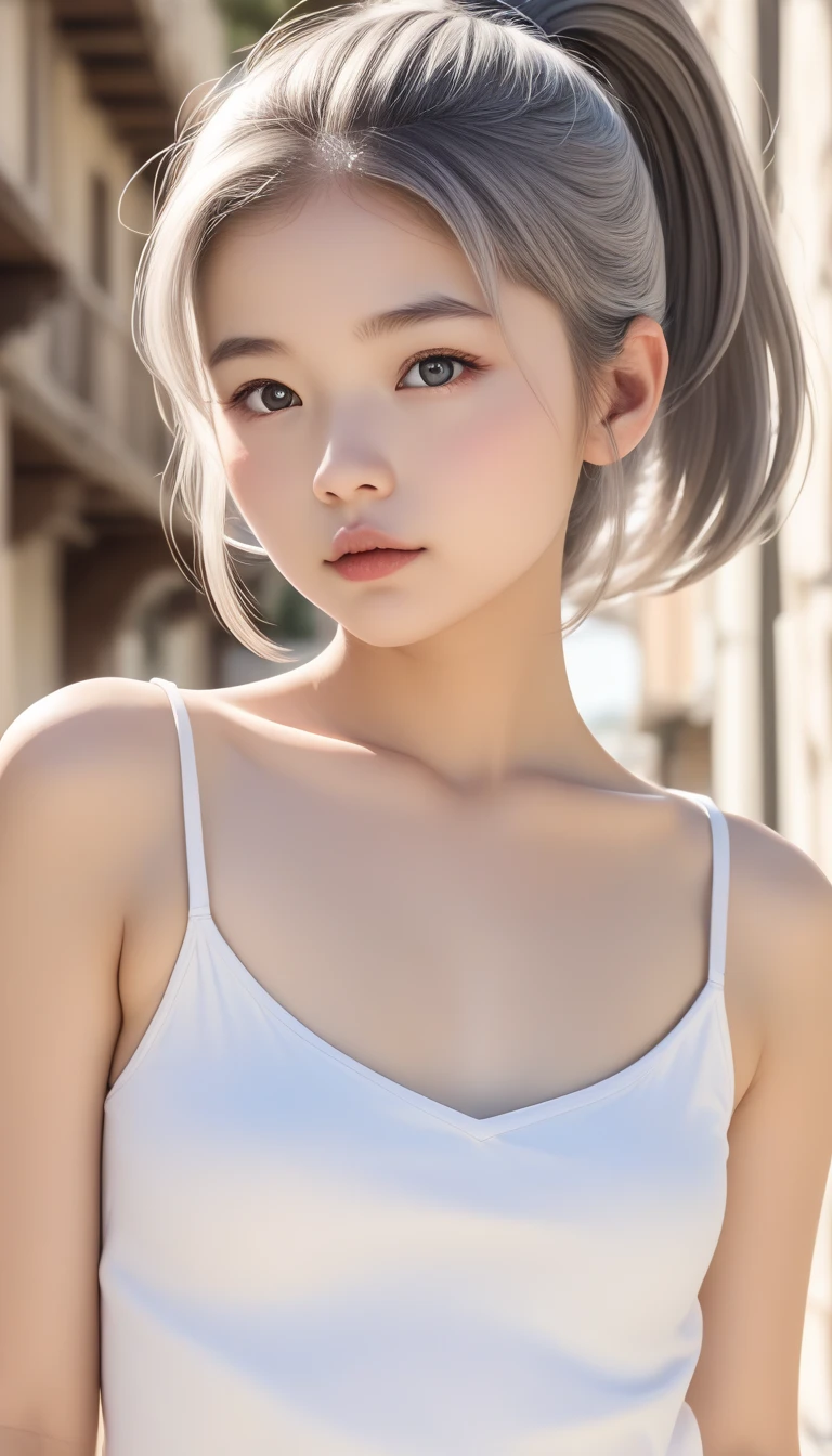  One Girl 、Grey Hair、 charming eyes、 shortcuts、 ponytail、  plump lips 、 camisole、 Beautiful skin、 small breasts、Small bust、night、Taiwanese street food、humid、Everyday City、 RAW photos 、 top quality、ultra  high definition 、 high definition 、 Masterpiece:1.3、８ｋ、Professional photographer 、