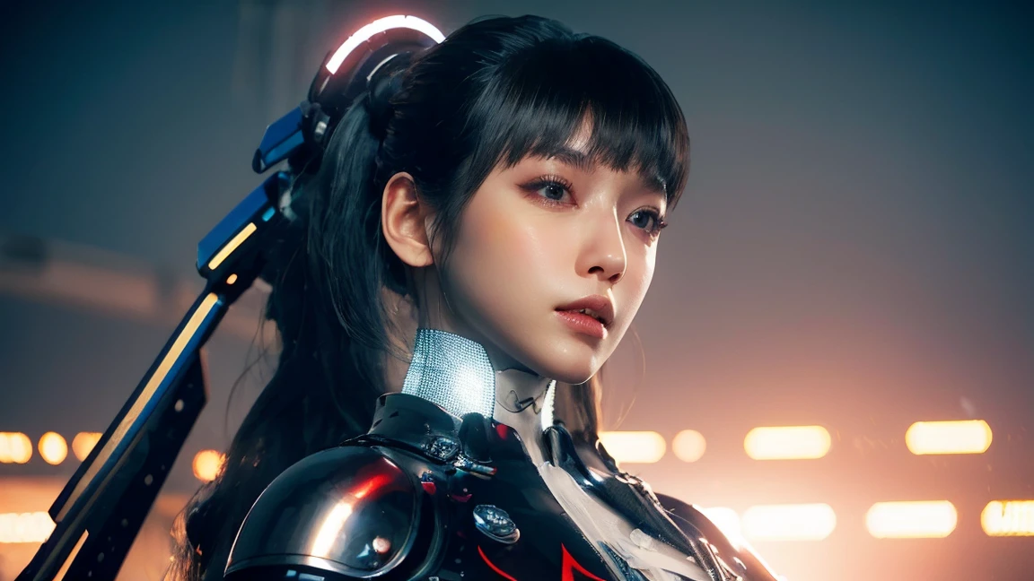 world masterpiece ,   top quality , 16k,  super high resolution ,  RAW photo, (  realistic :1.75),   realistic  햇빛, Photo realistic ,  Ultra-high definition ,  bright color,   carrying a gun. Eve, Stellar Blade ,  Sparkling White Skin ,   white skin ,   beautiful face,   Shiny Light Brown Eyes ,  Red shiny lips ,  Mechanical Soldier Girl ,   Perfect Android Girl  ,   m4 sofmode ii Girl Frontline  ,  Round big breasts ,   Big Round Butt  ,  There is a woman in latex costume with lustrous, bright black hair  ,   Mecha Cyber Armor Girl ,   3D Rendered Character Art 16k  ,   Cyborg Body  , Girl in Armor, Cyberpunk 20. Model Girl,   Android Protagonist  ,((upper body)),((walking)), 