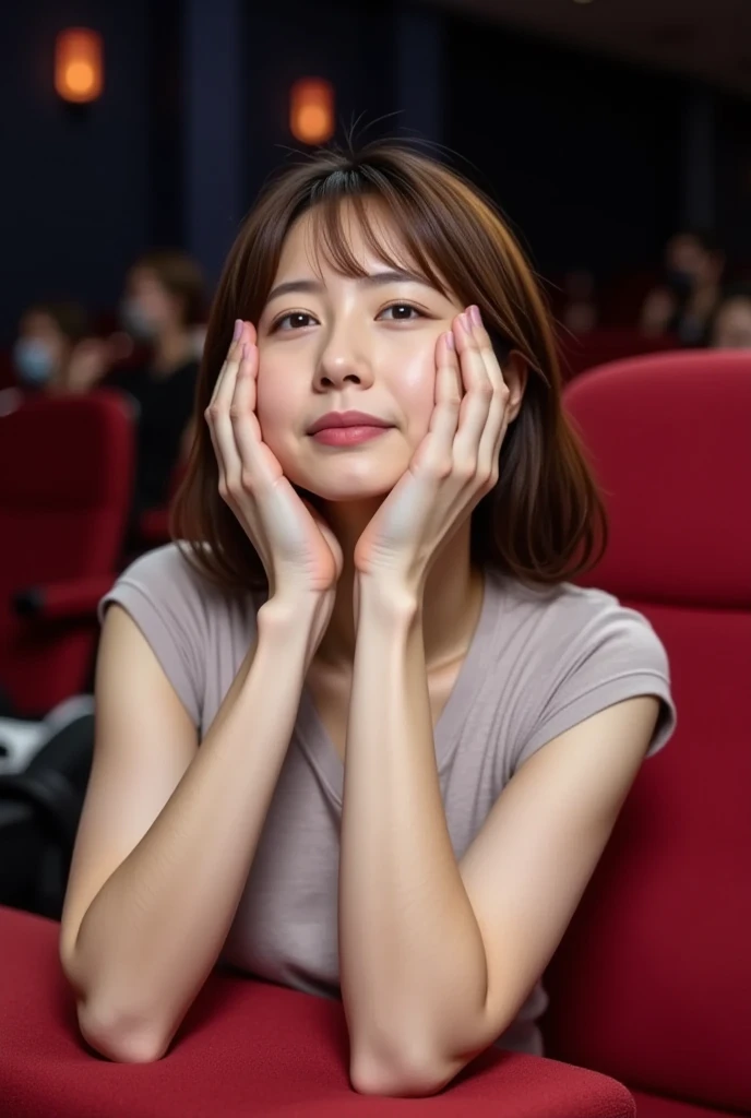  high definition ,  1 girl , chest,  shortcuts, masterpiece,  anatomically correct, accurate,  cries with her eyes open , Japanese wife in her 30s 、 is moved by the movie and sheds tears、Casual wear、 skirt、I'm watching a movie at a movie theater、 taken diagonally from the front、