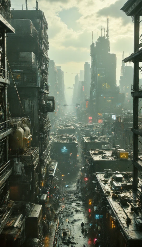 Dystopic cyberpunk masterpiece,cyberpunk mixed with medieval vibes, skyshot over buildings in cyberpunk city ,screengrab of 2000s super panavision 2000s movie.retro in color,12k photorealism, Qualité Meilleure, Résolution Haute, Précis, Détails fins, 