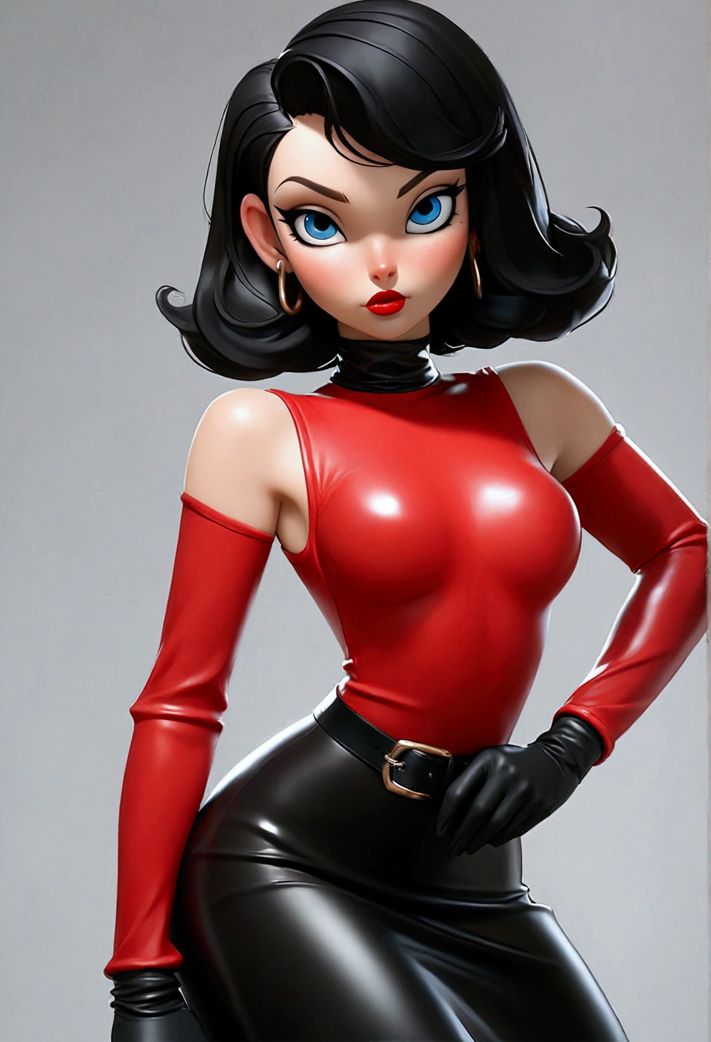 Create an image of elastigirl from "The Incredibles" she should be semi naked, in a thong, giving a seductive look. It should be just like in the drawings
