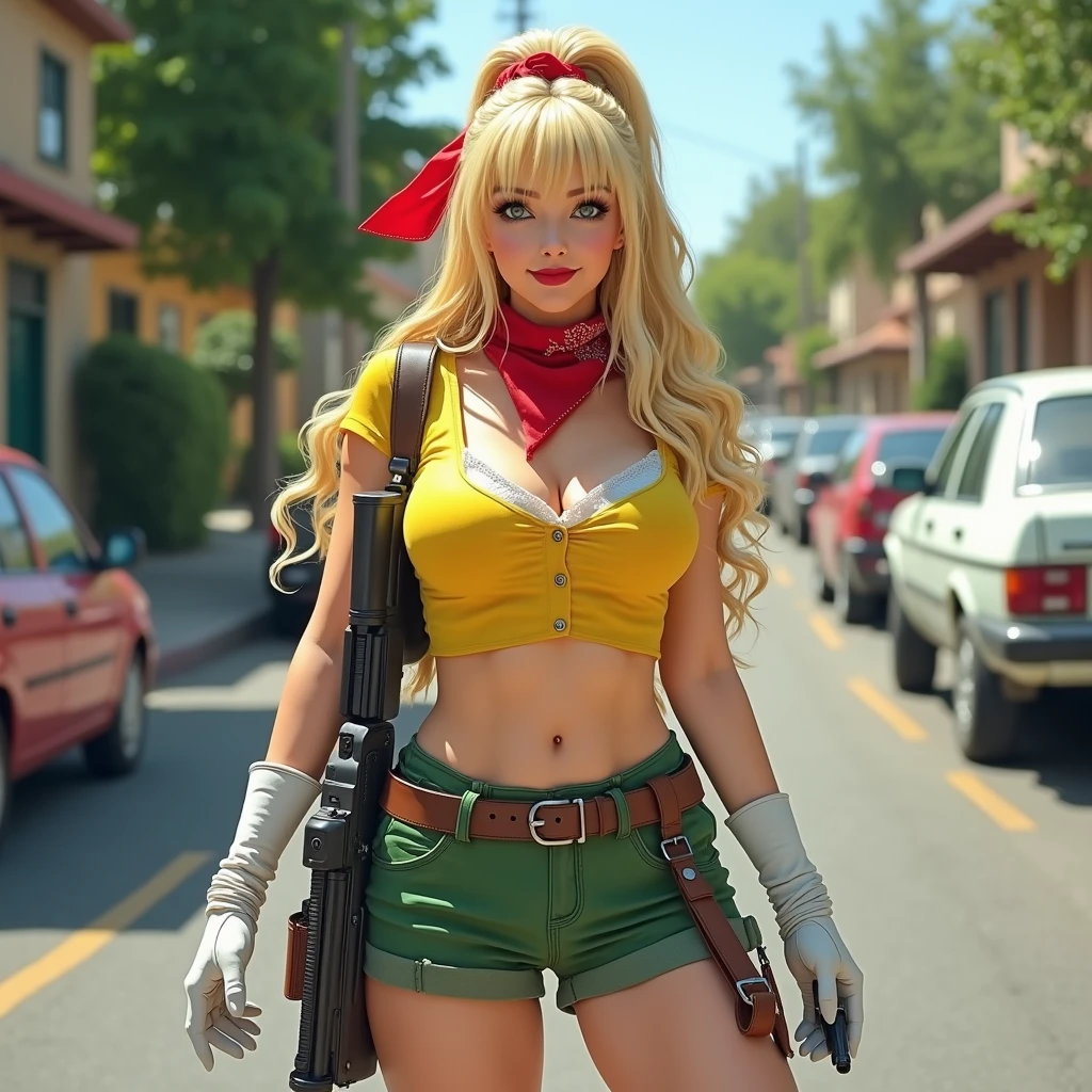 A blonde girl with two pigtails walks along the road, big breasts,denim shorts, yellow bra, with a canyon in the background, chopper motorcycle in the background