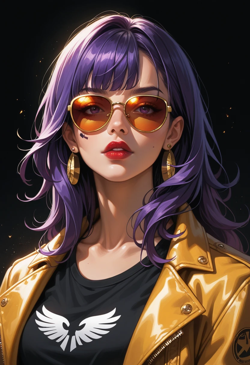 different standing post，different angel Portrait of a woman, face painted completely white like a geisha, red lips, golden sunglasses, messy straight purple hair with bangs, hyper detailed,QXHTX,1girl,jewelry,solo,ring,earrings,short hair,sunglasses,purple hair,tinted eyewear,jacket,lips，neon