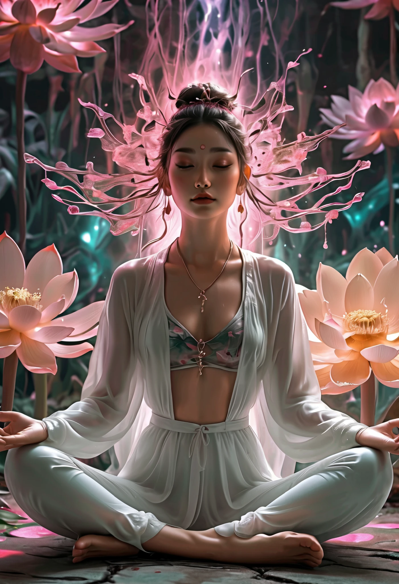 Lotus pose girl full body photography,Anatomically correct,Raw, Filming, (Be focused:1.5), (Reality:1.4), Dusk lighting, Volumetric Lighting, Ultra-high resolution, 16K,Dramatic Lighting, White background:1.5)(tangled,Mandala,dispute,Entanglement:0.7),short jacket,Transformation, Depth of Field, Dreamy atmosphere, The most beautiful chaos, grace, Brutalist Design Dark Theme, Flower of Death, Flowers of ecstasy,Glowing Line,Glow Example,Tracking Example,flash, Backlight,translucent,Light Particles,HILL,exit