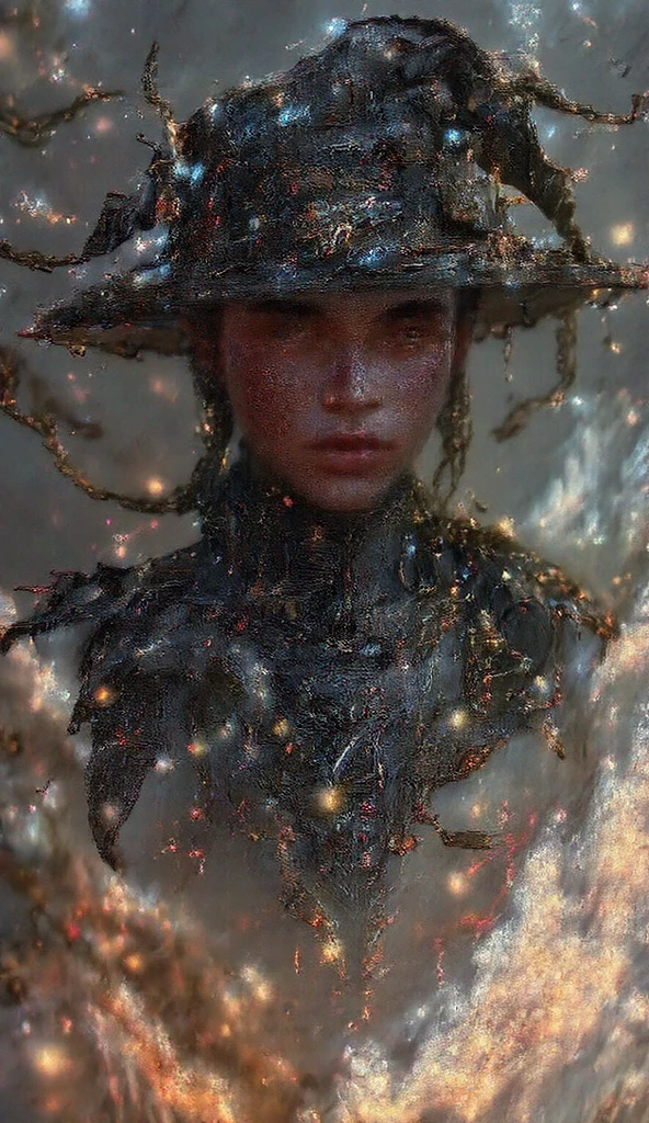 Create an artwork featuring a mysterious witch character in a dark, enchanted forest. The witch should have long braided hair, intricate tattoos, and be wearing a tattered, wide-brimmed hat with buckles. She sits amidst glowing embers or sparks that illuminate the scene with a warm, magical glow against a grayscale background. Capture the moody and mystical atmosphere, emphasizing the contrast between light and shadow to enhance the sense of enchantment and mystery.