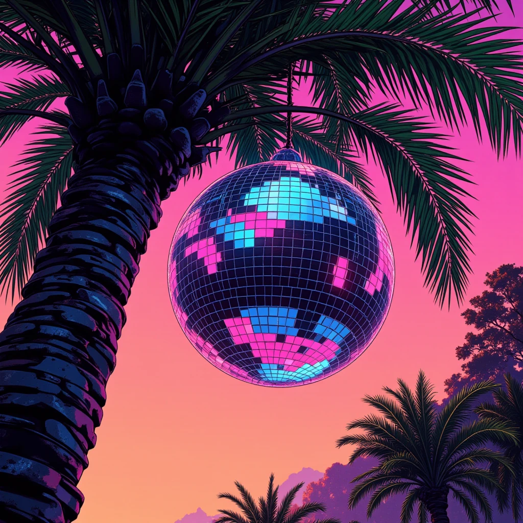 there is a disco ball hanging from a tree with palm leaves, a digital rendering inspired by Mike Winkelmann, shutterstock, funk art, disco ball, disco , disco ball in background, ( ( ( synthwave ) ) ), disco balls, (synthwave), synthwave, synthwave style, synthwave colours, retrowave vibes, synthwave aesthetic