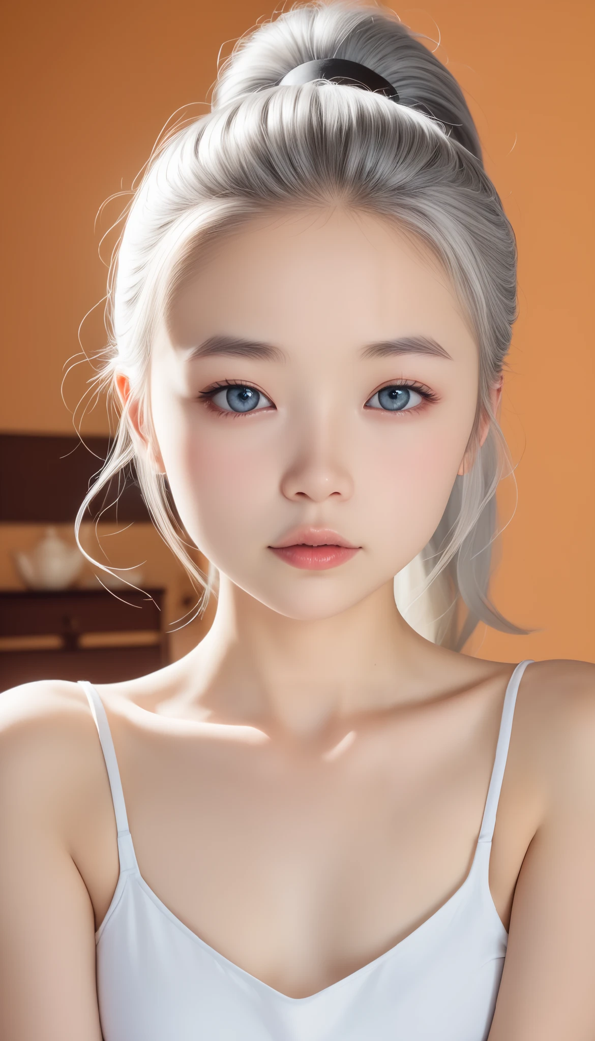  One Girl 、Grey Hair、 charming eyes、 shortcuts、 ponytail、  plump lips 、 camisole、 Beautiful skin、 small breasts、Small bust、night、Taiwanese street food、humid、Everyday City、 RAW photos 、 top quality、ultra  high definition 、 high definition 、 Masterpiece:1.3、８ｋ、Professional photographer 、