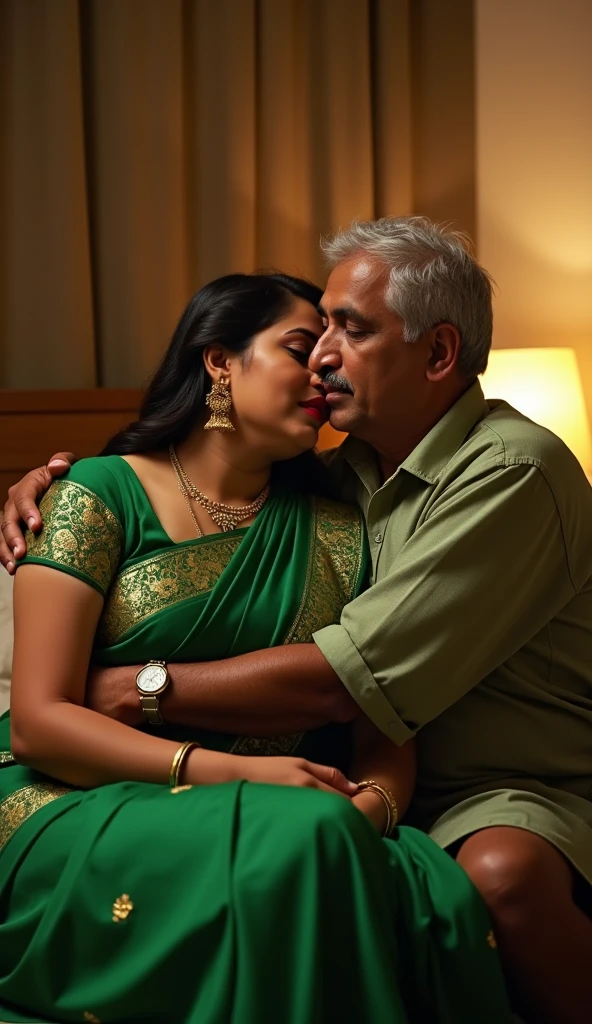 Sexy 80 years old busty indian woman kissing 25 years young handsome man, sofa , living room , romance, Full body, full light,