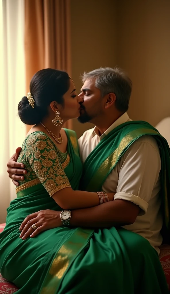 A radiant, full-figured South Indian plus-sized 30 year old teacher wearing a cream silky saree tenderly hugging and kissing a group of jubilant 20-year-old men in kitchen, captured in a full-body image with vibrant hues and meticulous details.
