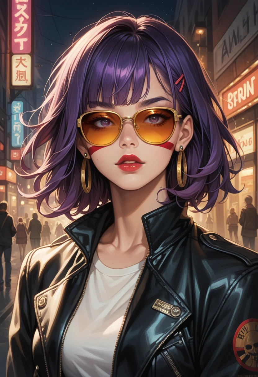 different standing post，full body of a woman, face painted completely white like a geisha, red lips, golden sunglasses, messy straight purple hair with bangs, hyper detailed,QXHTX,1girl,jewelry,solo,ring,earrings,short hair,sunglasses,purple hair,tinted eyewear,jacket,lips，neon