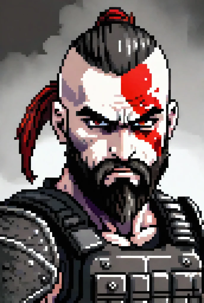 A SWAT with a Kratos beard, a serious and angry expression, male