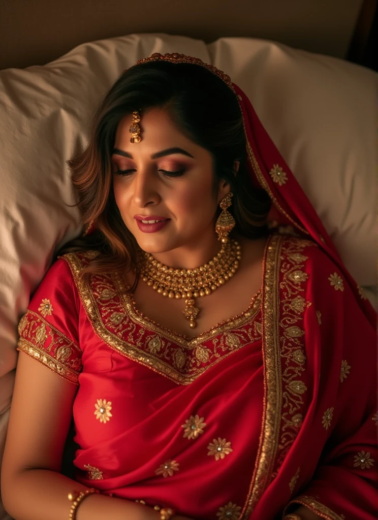 cute woman pear body shape freefaller on bed,wearing red sari,golden jewelries,cries louder in pain,applay sindoor at the beginning or completely along the parting-line of a woman's hair,masculer man,wearing salwar Taqiyah on head ,hairy body,laydown over the woman