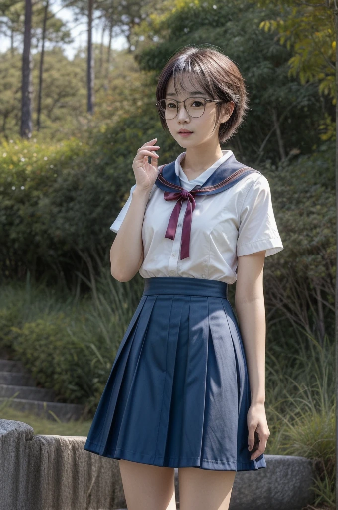 (masterpiece), (ultra-high detail), (best quality), Yuki with a serene expression, wearing a meticulously detailed blue skirt and glasses, dressed in a precisely designed serafuku summer uniform with intricate kneehighs. She stands gracefully on ancient temple stairs, surrounded by a lush, dense mountain forest at night. The Milky Way and countless stars illuminate the sky, casting a magical and ethereal glow over the entire scene. Yuki gazes directly at the viewer with a sense of wonder, as the serene ambiance encapsulates the beauty of the moment.