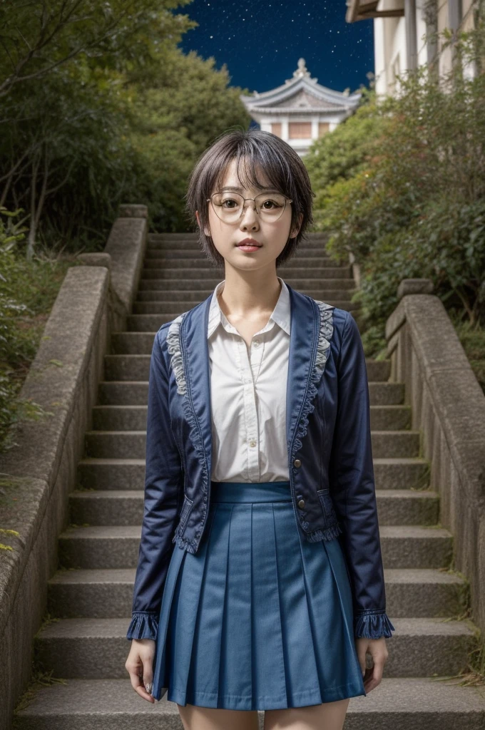 (masterpiece), (ultra-high detail), (best quality), Yuki with a serene expression, wearing a meticulously detailed blue skirt and glasses, dressed in a precisely designed serafuku summer uniform with intricate kneehighs. She stands gracefully on ancient temple stairs, surrounded by a lush, dense mountain forest at night. The Milky Way and countless stars illuminate the sky, casting a magical and ethereal glow over the entire scene. Yuki gazes directly at the viewer with a sense of wonder, as the serene ambiance encapsulates the beauty of the moment.