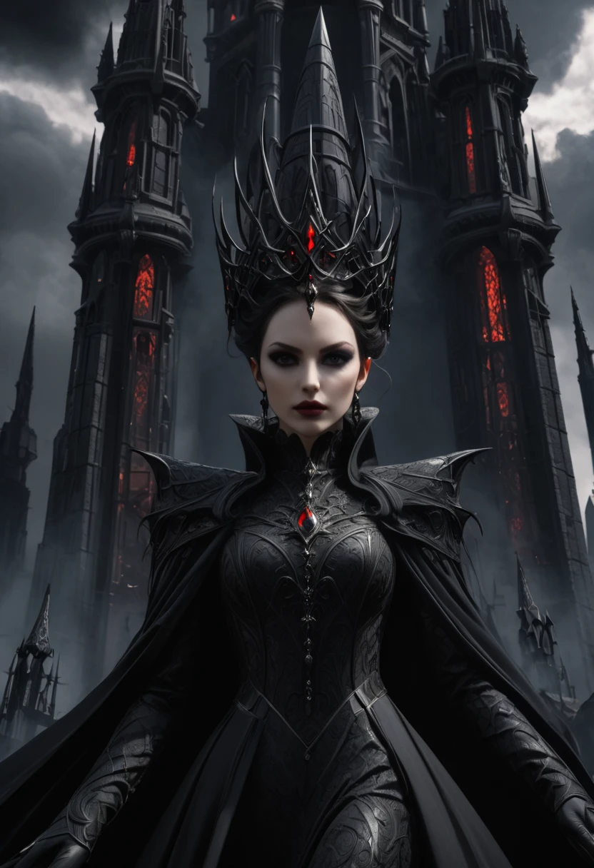 The "Dark Tower" towers over a world ruled by the Queen of Darkness. A close-up of the Gothic-style queen in the darkness. A dark world with black clouds swirling in the background. Little demons under her control. Fantasy. Sophisticated design. Advanced lighting technology. 8K quality.