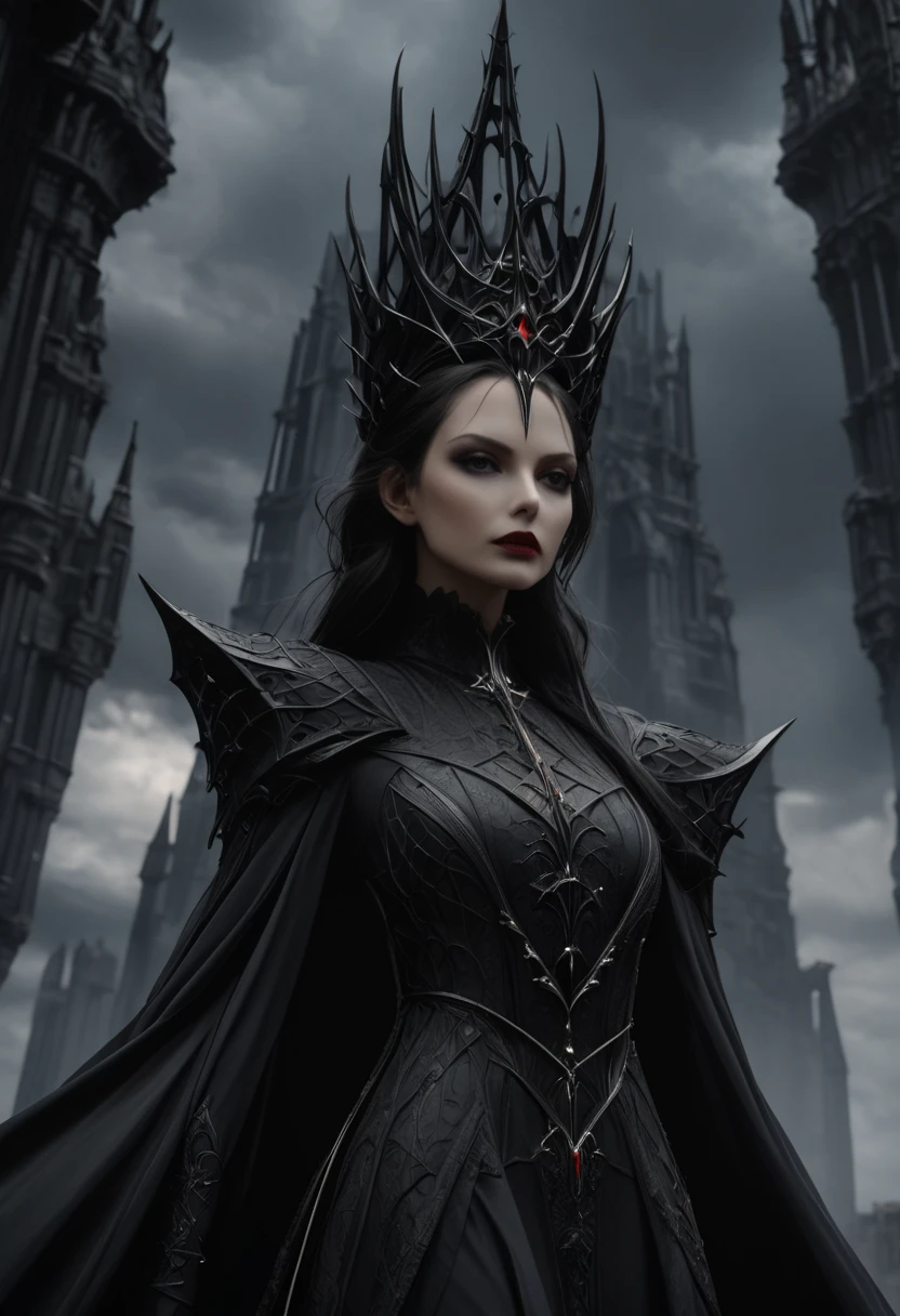 The "Dark Tower" towers over a world ruled by the Queen of Darkness. A close-up of the Gothic-style queen in the darkness. A dark world with black clouds swirling in the background. Little demons under her control. Fantasy. Sophisticated design. Advanced lighting technology. 8K quality.