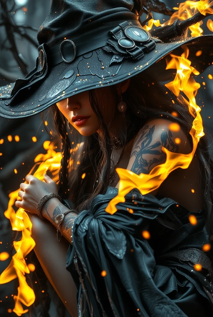 Create an artwork featuring a mysterious witch character in a dark, enchanted forest. The witch should have long braided hair, intricate tattoos, and be wearing a tattered, wide-brimmed hat with buckles. She sits amidst glowing embers or sparks that illuminate the scene with a warm, magical glow against a grayscale background. Capture the moody and mystical atmosphere, emphasizing the contrast between light and shadow to enhance the sense of enchantment and mystery.