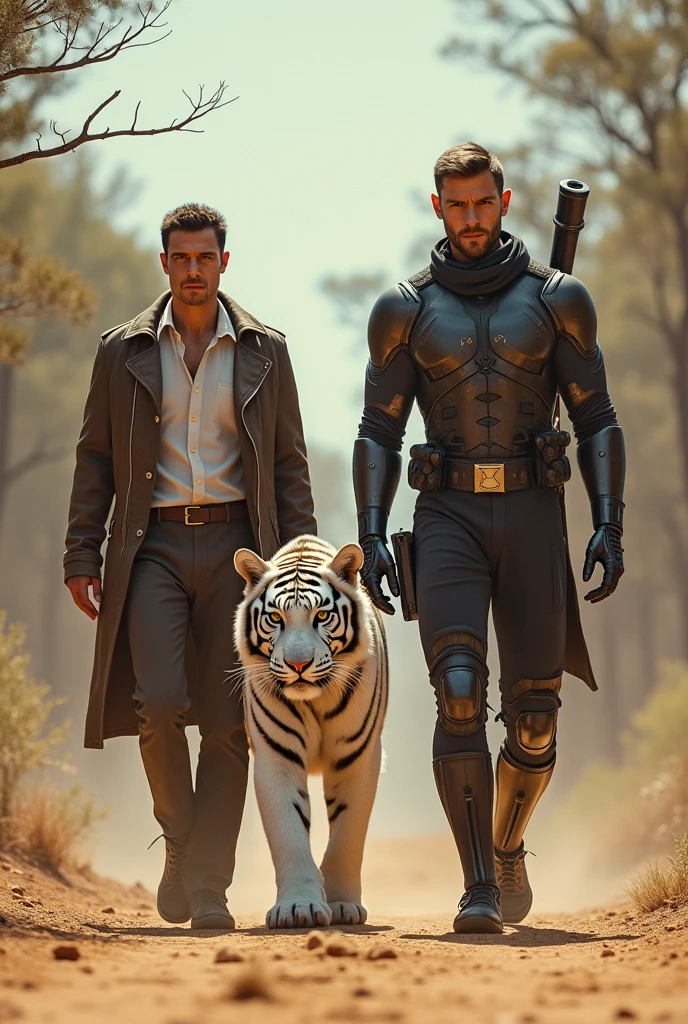 A valiant man has a clean white handsome face and a radiant terminator dressed as a walking alone forward side by side with a giant tiger with a white fur pattern has a facial expression. Against his background in an arid forest 