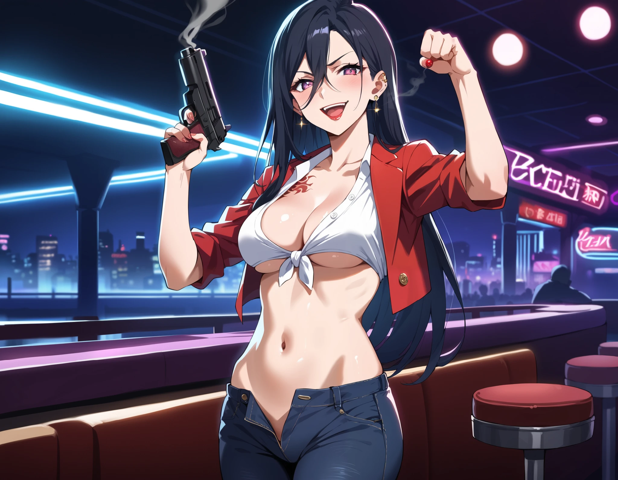 score_9,score_8_up,score_7_up,score_6_up, source_anime, zPDXL, mature woman,  long hair, black hair,  purple eyes, hair between eyes,  medium breasts, , ear piercing, long hair, blush, lipstick,Hot girl, baddie, smoking, sensual, attractive ,bar
background, inside bar,indoors, cityscape, casino, nightclub, city lights, masterpiece,high
quality,4k,belly,,holding pistol,cleavage, unbuttoned shirt, shirt, knot, indoor,smile, open mouth,
(nsfw) not safe for work, evil expression, exposed belly, exposed navel, exposed midriff, exposed
lower belly, crop top overhang, underboob,jacket, unbuttoned jeans , low rise black jeans, Low rise
jeans, Low rise jeans with open fly, dragon tattoo, tattoo midriff, rose tattoo, shiny skin, dual wielding, open
arms sideway, arms T-pose, smirk, standing, anime girl T posing