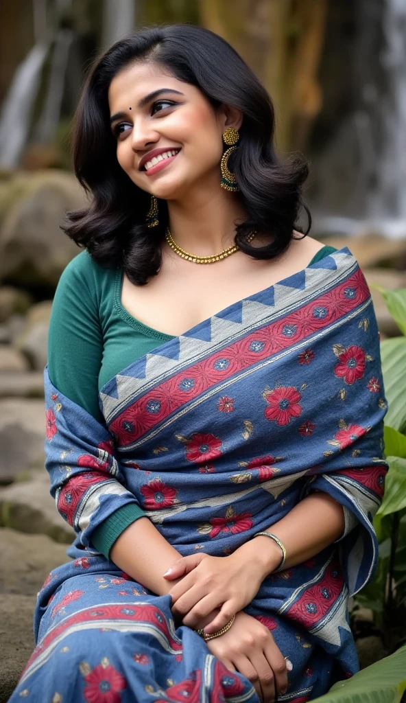 Close up full-body photo of sexy mamitha , curvy, hourglass figure,  swooping breasts,  deep cleavage, deep neck blouse, blue floral saree, navel, belly button, in a waterfall, seductive pose, erotic pose,  cheering for her, wavy hair, necklace,  red lips, nosering on one side of nose, jhumka, bright light photoshoot model,  