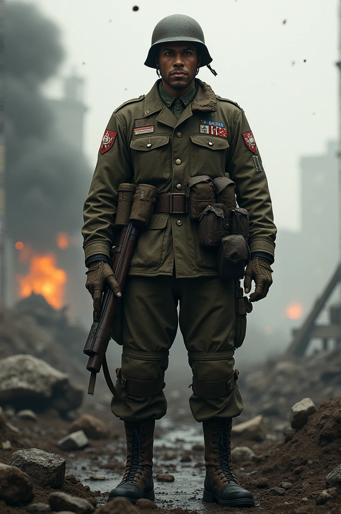 Amidst the deafening echoes of artillery fire and the billowing smoke of scorched landscapes, capture the poignant scene of a weary, battle-hardened soldier in the heart of World War II. With a tear-streaked face and mud-caked uniform, he clutches a faded photograph, his last connection to a world left behind. Surrounding him, the devastation of war unfolds: comrades rally, stoically persevering; tanks rumble forward, leaving trails of destruction; overhead, fighter planes engage in a dance of aerial combat. In the distance, a war-torn city's skyline bears the scars of relentless bombings. Amidst the chaos, this soldier embodies the resilience and sacrifice of an entire generation, a symbol of humanity's indomitable spirit in the face of adversity.