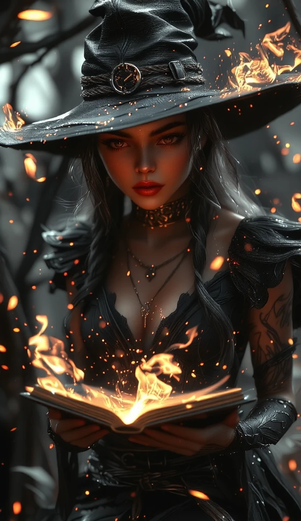 Create an artwork featuring a mysterious witch character in a dark, enchanted forest. The witch should have long braided hair, intricate tattoos, and be wearing a tattered, wide-brimmed hat with buckles. She sits amidst glowing embers or sparks that illuminate the scene with a warm, magical glow against a grayscale background. Capture the moody and mystical atmosphere, emphasizing the contrast between light and shadow to enhance the sense of enchantment and mystery.