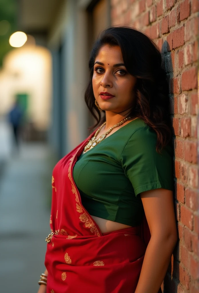 A indian prostitute,Indian brothel,indian attire(indian style green blouse and red low waist langa)only,street,cleavage(big and round breasts),navel,curved waist,realistic,natural,8k,award winning portrait,evening atmosphere,bright light,leaning backwards towards wall,facing forward