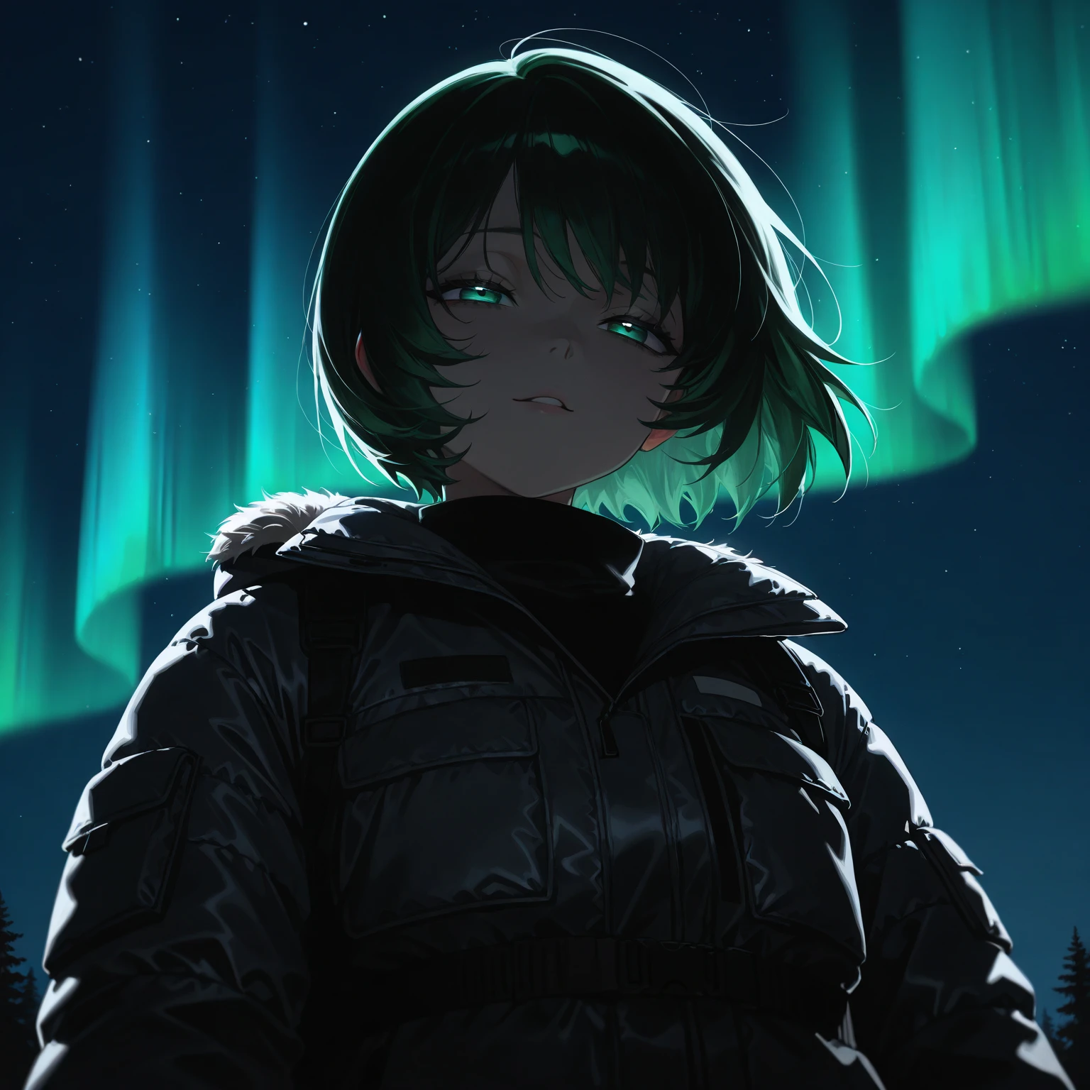 (A girl, the girl is , the girl has short hair, the girl has an airy bob, the girl has dark green hair, the girl has half-open eyes, the girl is watching the aurora, the girl is looking at the sky, the girl is looking up, the girl is wearing a black down jacket, the down jacket has fur, the girl has one hand raised up) Aurora, Iceland, outdoors, angle from below, night, the person is small and positioned in the bottom right, only the upper body of the person is visible, Give your images flat even illumination (negative) or dramatic chiaroscuro lighting (positive). No trigger required.