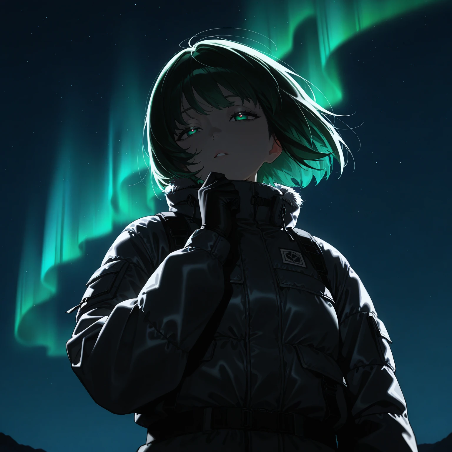 (A girl, the girl is , the girl has short hair, the girl has an airy bob, the girl has dark green hair, the girl has half-open eyes, the girl is watching the aurora, the girl is looking at the sky, the girl is looking up, the girl is wearing a black down jacket, the down jacket has fur, the girl has one hand raised up) Aurora, Iceland, outdoors, angle from below, night, the person is small and positioned in the bottom right, only the upper body of the person is visible, Give your images flat even illumination (negative) or dramatic chiaroscuro lighting (positive). No trigger required.