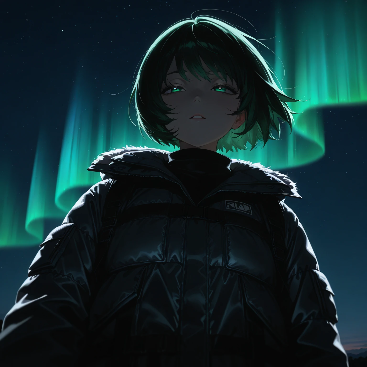 (A girl, the girl is , the girl has short hair, the girl has an airy bob, the girl has dark green hair, the girl has half-open eyes, the girl is watching the aurora, the girl is looking at the sky, the girl is looking up, the girl is wearing a black down jacket, the down jacket has fur, the girl has one hand raised up) Aurora, Iceland, outdoors, angle from below, night, the person is small and positioned in the bottom right, only the upper body of the person is visible, Give your images flat even illumination (negative) or dramatic chiaroscuro lighting (positive). No trigger required.