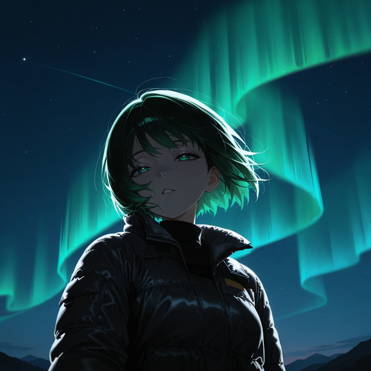 (A girl, the girl is , the girl has short hair, the girl has an airy bob, the girl has dark green hair, the girl has half-open eyes, the girl is watching the aurora, the girl is looking at the sky, the girl is looking up, the girl is wearing a black down jacket, the down jacket has fur, the girl has one hand raised up) Aurora, Iceland, outdoors, angle from below, night, the person is small and positioned in the bottom right, only the upper body of the person is visible, Give your images flat even illumination (negative) or dramatic chiaroscuro lighting (positive). No trigger required.