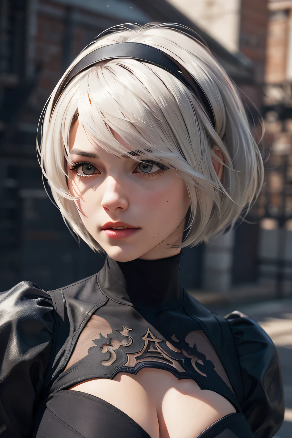 {( Masterpiece, Best Quality , 16k portrait , Ultra high definition , extremely detailed work , rostro, eyes, detailed and beautiful skin and hair )}
BREAK {( ultra realistic photographic style :1.2)}
BREAK {alone,(2b de nier-automata :1.4), ( light brown to light white hair :1.4, short hair ), (medium mouth),( eyes afilados y estrechos ),( atractivos eyes azules vidriados :1.4),( Left eye hidden by the bangs :1.2),( slim body:1.2),(neckline),( very large breasts:1.4),Captivating lips}
BREAK {( Nier-Automata-2B costume :1.2),(neckline entre senos:1.2),(diadema)}
BREAK {profile, Posture recording of the model :1.2}