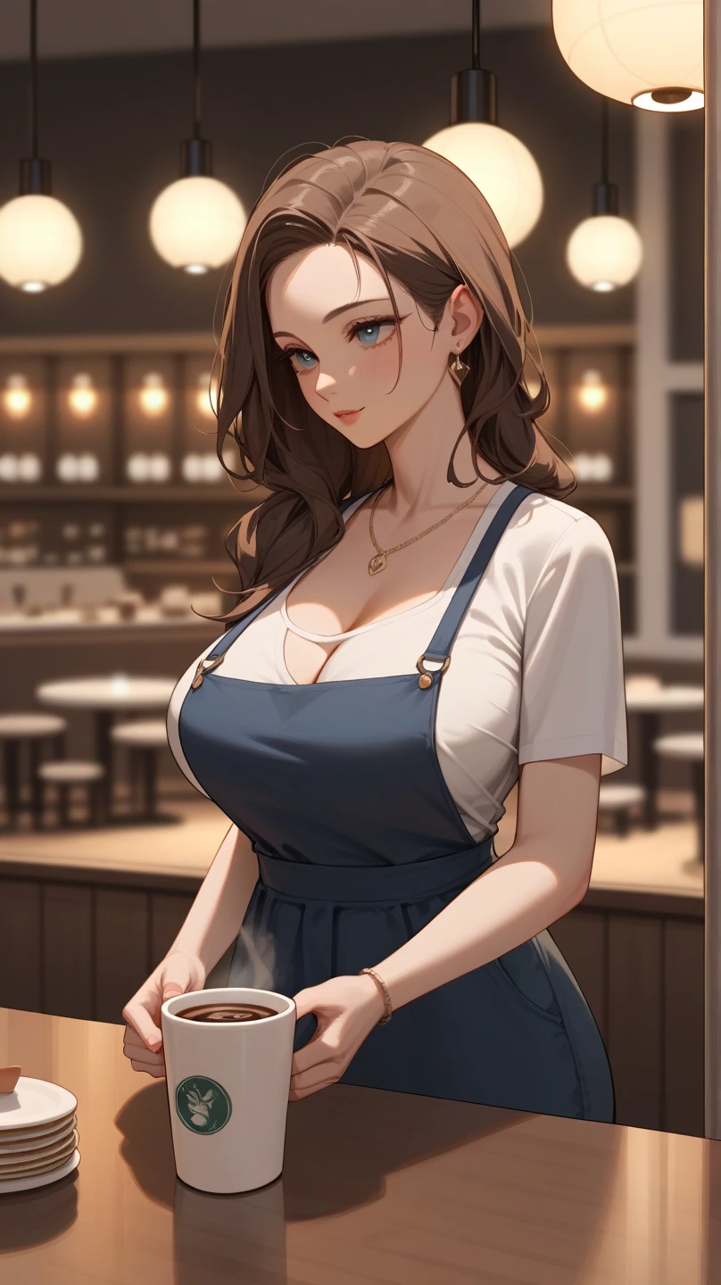  This is a close-up scene of one person handing a coffee bean package to another.Female baristas, The coffee bean package is beautifully depicted ,. The background is a cafe , soft,  warm lights.