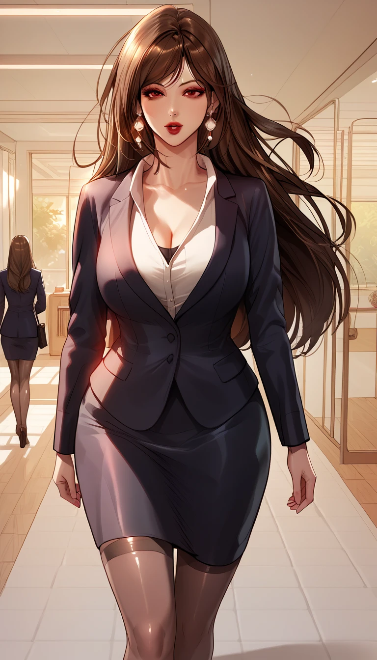 Hot  beautiful Hari mom, brown hair,red eyes, detailed, walking,big rounded breasts, stockings,skirt,shirt,blazer,coat, office room, bouncing ass, bouncing body, Cleavage ,long hair ,red lipstick, makeup,long shiny pearl Earrings,