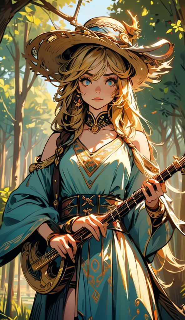 masterpiece, best quality, 1girl, neon golden eyes, long hair, fringe, Long chop, A bard girl, playing flute, relaxed pose, random pose, (((found in a tree ,  with her bard's hat falling over her face)))