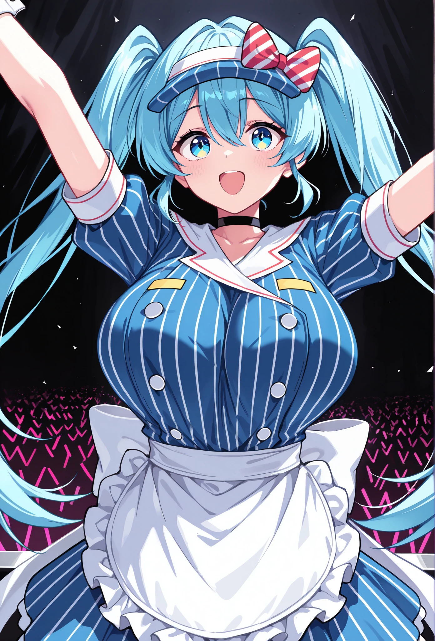 masterpiece,  top quality, Alone, 1 woman,  mesmeraizemiku , ,  looking at the audience ., Open arms ,  stretching out towards the audience,  blue hair,  eyes between the heads , Twin tails, Hair Bow,  striped bow ,  blue headwear , visor hat ,  blue eyes, vibrant eyes eyes, decoration,  blue dress ,  vertical striped dress , Button, Double breasted,  turning the bow backwards , white bow,  pouf short sleeve ,  Wrist Cuffs , white apron ,  Waist Apron ,  Frill Apron , Black Choker,  dark background, big boobs,Sternum,Peeled top,flushing,temptation
