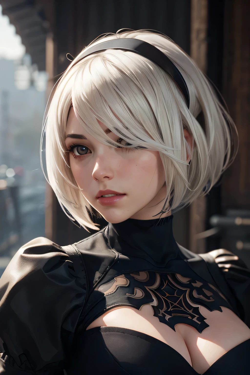 {(  Masterpiece,  Best Quality  , 16k portrait  ,   Ultra high definition ,   extremely detailed work  ,  rostro, eyes,  detailed and beautiful skin and hair )},( looking at the spectator )
BREAK {(  ultra realistic photographic style  :1.2)} 
BREAK {alone,(2b de nier-automata :1.4), (  light brown to light white hair :1.4,   short hair ), (medium mouth),( eyes afilados y estrechos ),( atractivos eyes azules vidriados :1.4),(  Left eye hidden by the bangs  :1.2),(  slim body:1.2),(neckline),(  very large breasts:1.4),(waist 50cm),Captivating lips} 
BREAK {(  Nier-Automata-2B costume  :1.2),(neckline entre senos:1.2),(diadema)} 
BREAK {profile, Posture recording of the model :1.2}