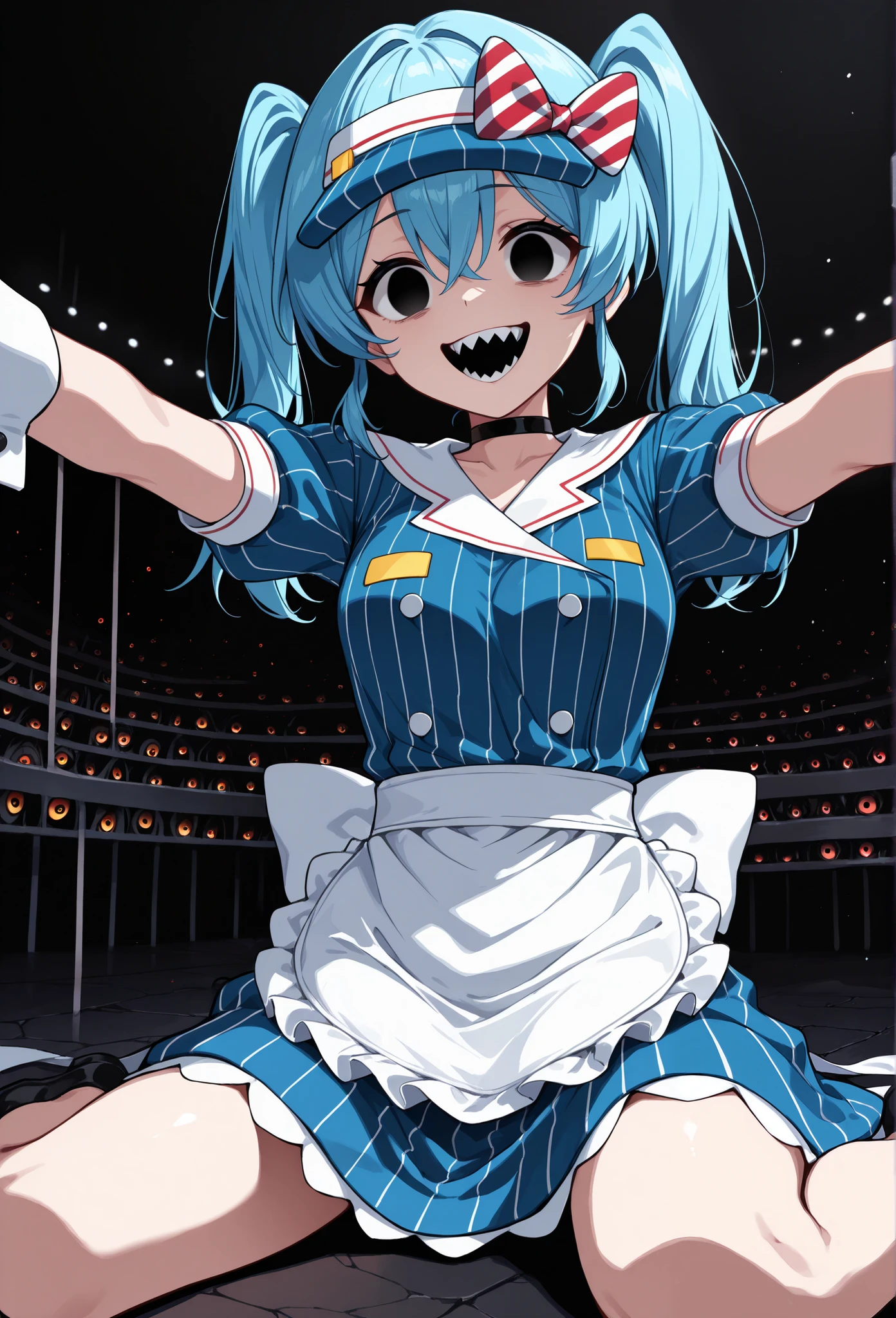 masterpiece,  top quality, (error:1.2), distortion, horror \(theme\), Alone, 1 woman,  mesmeraizemiku ,  sharp teeth, crazy smile,  looking at the audience .,  wariza, Open arms ,  stretching out towards the audience,  blue hair,  eyes between the heads , Twin tails, Hair Bow,  striped bow ,  blue headwear , visor hat , black eye, empty eyes, decoration,  blue dress ,  vertical striped dress , Button, Double breasted,  turning the bow backwards , white bow,  pouf short sleeve ,  Wrist Cuffs , white apron ,  Waist Apron ,  Frill Apron , Black Choker,  dark background, big boobs,Sternum,Peeled top,flushing,temptation
