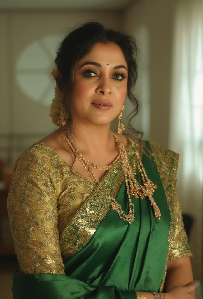 a woman in a sari and gold blouse posing for a picture, sari, wearing elaborate green and gold, indian, candid picture, satin, 4 k post, 4k post, indian goddess, dressed in a sari, very very beautiful woman, showing her round navel,candid shot, a still of a happy, very beautiful woman, traditional beauty, candid photograph, thick neck, wearing a sari