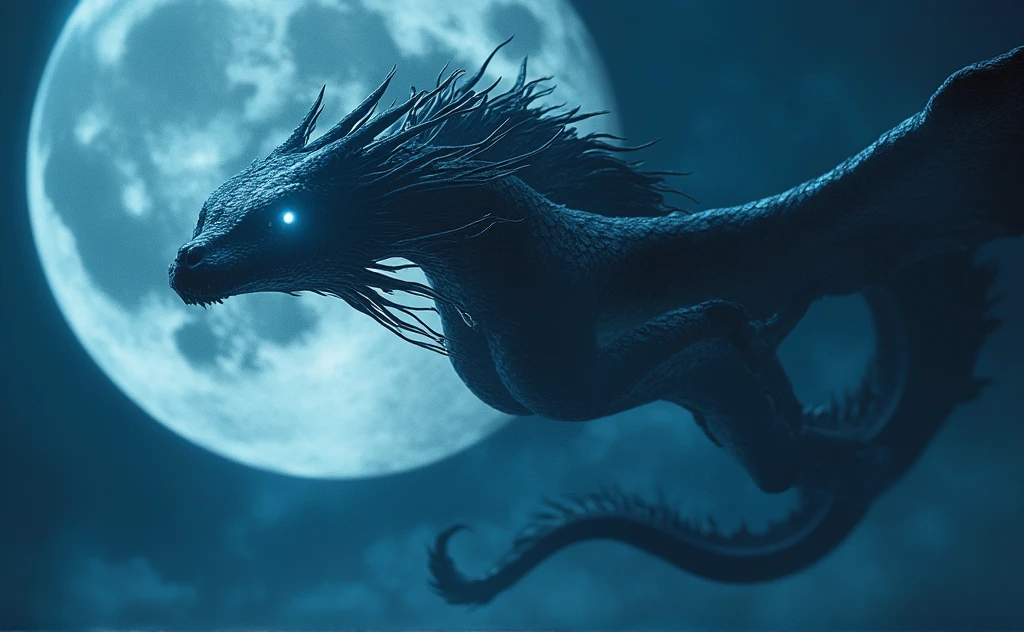 Azure Chinese dragon. wise, strong. His eyes are empty. Black horns. empty white eyes shining with white light. He flies in the sky. the big moon. horror