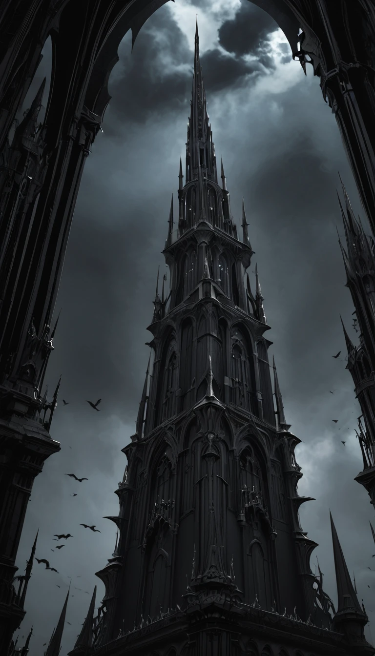 The "Dark Tower" towers over a world ruled by the Queen of Darkness. A close-up of the Gothic-style queen in the darkness. A dark world with black clouds swirling in the background. Small demons under her control. Crows flying around the tower. Looking up from a low angle. Fantasy. Sophisticated design. Advanced lighting technology. 8K quality.