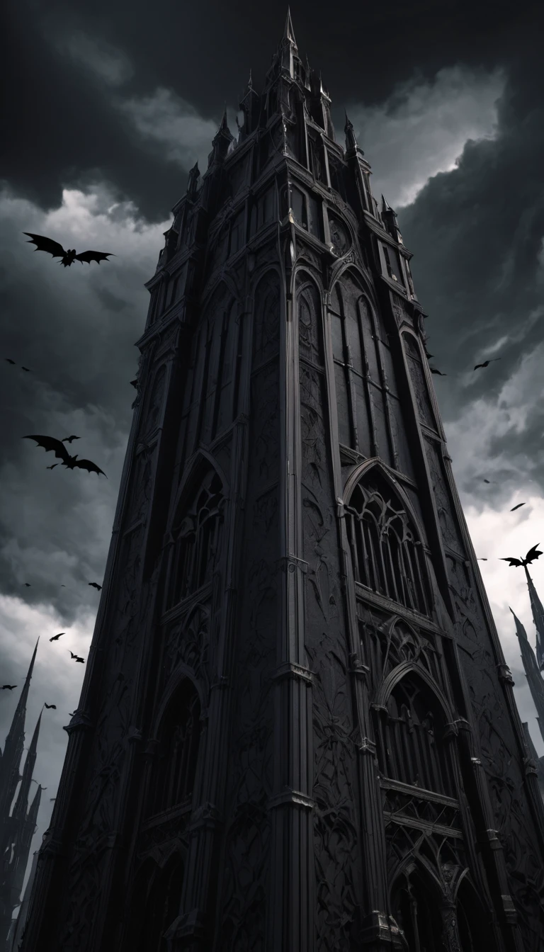 The "Dark Tower" towers over a world ruled by the Queen of Darkness. A close-up of the Gothic-style queen in the darkness. A dark world with black clouds swirling in the background. Small demons under her control. Crows flying around the tower. Looking up from a low angle. Fantasy. Sophisticated design. Advanced lighting technology. 8K quality.