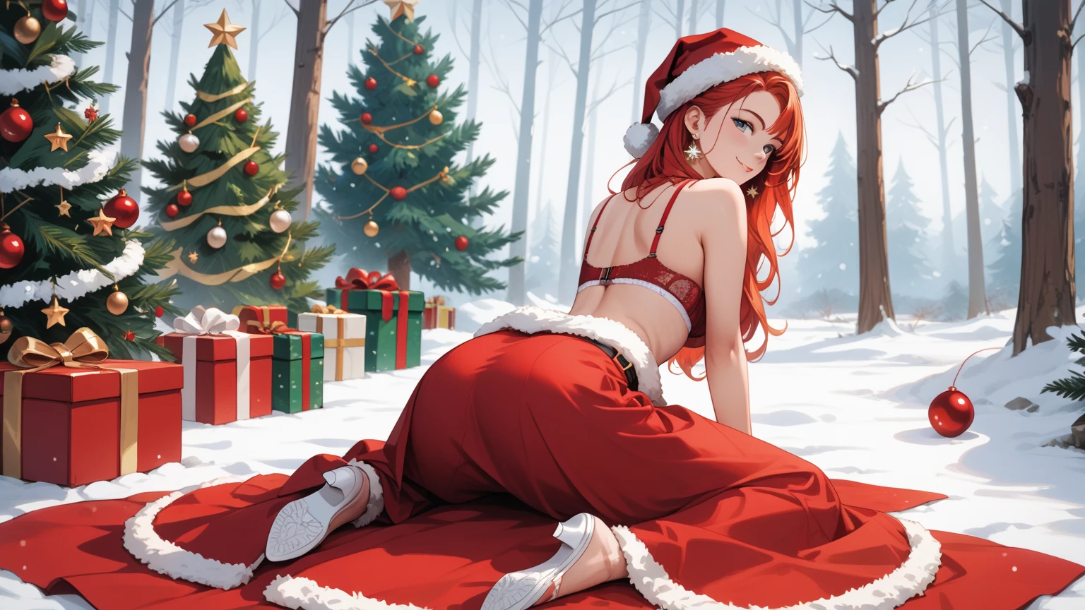 rating_safe, score_9, score_8_up, score_7_up, source_anime, masterpiece, best quality, solo, 1girl, ( wearing a red and white Santa hat and a matching red dress with white trim,red bra),  (she crawl on the floor, looking back, rear view), Christmas tree adorned with gold and red baubles.  forest and snow,