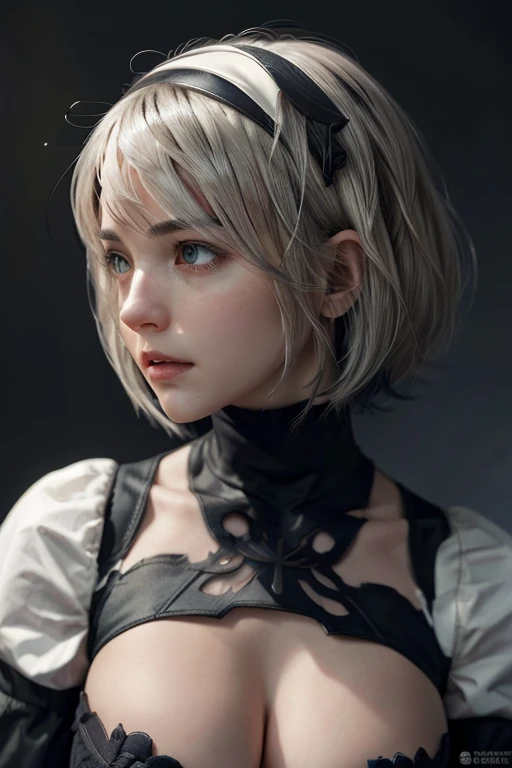 {(  Masterpiece,  Best Quality  , 16k portrait  ,   Ultra high definition ,   extremely detailed work  ,  rostro, eyes,  detailed and beautiful skin and hair )},( looking at the spectator )
BREAK {(  ultra realistic photographic style  :1.2)} 
BREAK {alone,(2b de nier-automata :1.4), (  light brown to light white hair :1.4,   short hair ), (medium mouth),( eyes afilados y estrechos ),( atractivos eyes azules vidriados :1.4),(  Left eye hidden by the bangs  :1.2),(  slim body:1.2),(neckline),(  very large breasts:1.4),(waist 50cm),Captivating lips} 
BREAK {(  Nier-Automata-2B costume  :1.2),(neckline entre senos:1.2),(diadema)} 
BREAK {profile, Posture recording of the model :1.2}