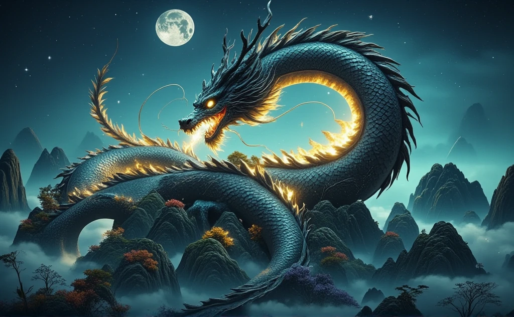 Azure Chinese dragon. wise, strong. His eyes are empty. Black horns. empty white eyes shining with white light. He flies in the sky. the big moon. horror