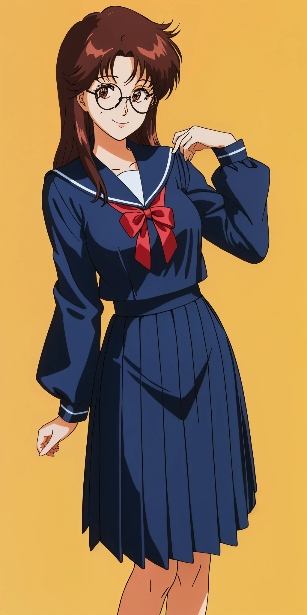 Young woman drawn in 80’s anime art style. 
Retro anime. Vintage Anime. Classical Anime. 
Black Dark Brown HAIR
Long Nihongami Hair
(Round Glasses)
(Round and Circle eyes)
(Light Brown eyes)
(Medium Sized Eyebrows)
(Freckles on Cheek)
(Light Tan Woman)
(Medium Breast)
Seductive Smile

She is wearing a sailor fuku (セーラー服, sērā fuku, sailor outfit) is a common japanese style of uniform worn by women, traditionally by high school female students. 

The uniform generally consists of a sailor-styled blouse attached with a (Navy blue sailor-style collar) and a Dark Navy Blue Sailor Blouse. The length of the long skirt goes down past her ankle.

A ribbon is tied in the front and laced through a loop attached to the sailor blouse. The color is the ribbon is red. (RED RIBBON)

(Dark Navy Blue Sailor Shirt)
(Dark Navy Pleated Skirt)

(Solo)
(Location: High School)
(Background: High School)